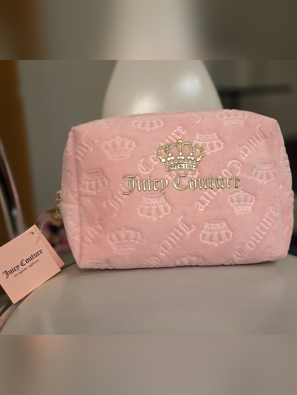Juicy Couture Pink Plush Cosmetic Pouch with Gold Logo
